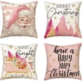 thumbnail image 1 of Vorkoi Pink Christmas Stripes Santa Christmas Tree Sleigh Stocking Gift Throw Pillow Covers, 18 x 18 Inch Winter Holiday Cushion Case Decoration for Sofa Couch Set of 4, 1 of 7
