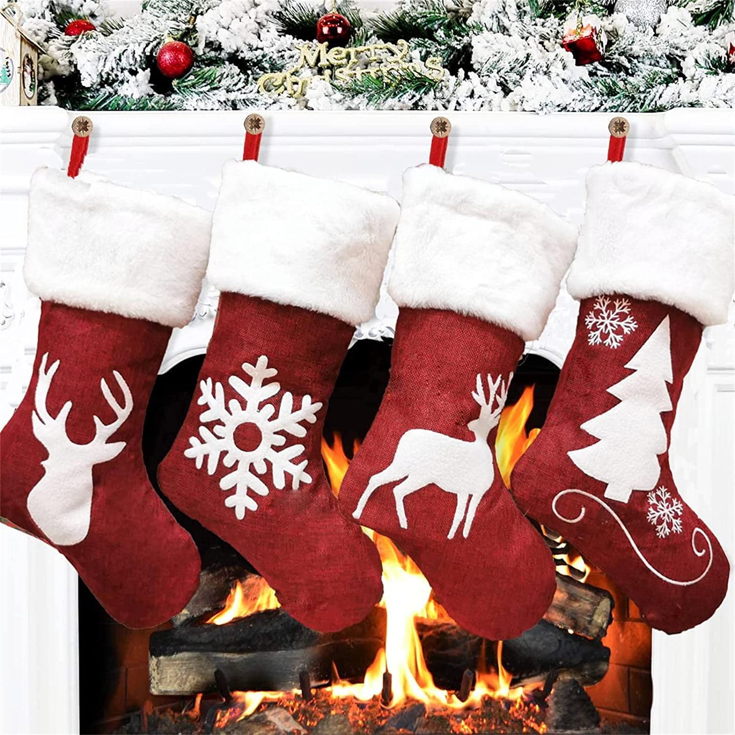 Vorkoi Plush Decorated Holiday Stocking for Tree and Fireplace, 2 Piece, Flannel Red, 18 x 79 in