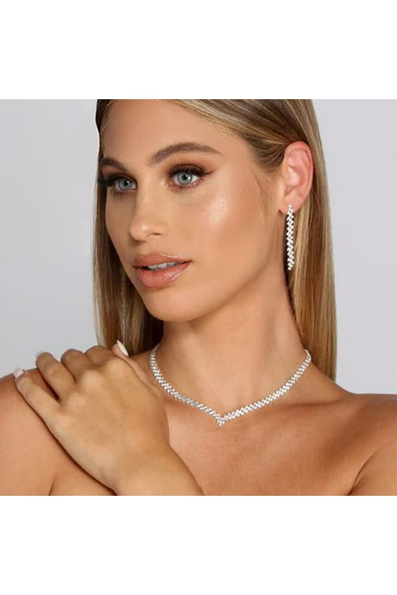 Rhinestone Necklace Earrings Wedding Jewelry Set For Bride Bridesmaid Prom Evening Party Homecoming