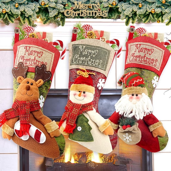 Vorkoi Santa/Snowman/Reindeer Christmas Stocking, Large, 3 Pack, Wool, 18" x 8.7"