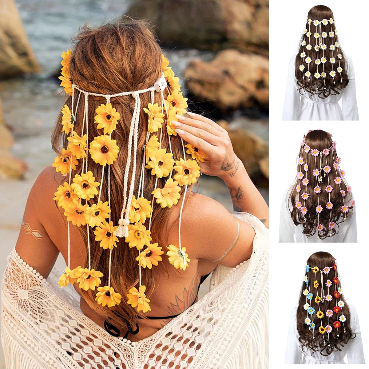 Vorkoi Boho Sunflower Hippie Headband Floral Crown, Summer
