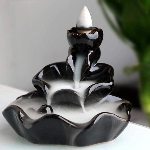 Vorkoi Waterfall Backflow Lotus Ceramic Incense Burner with Cones, Black