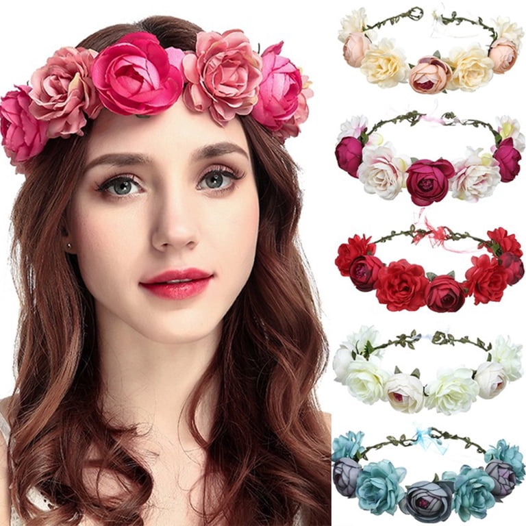 Vorkoi Women Rose Floral Crown Hair Wreath Leave Flower 