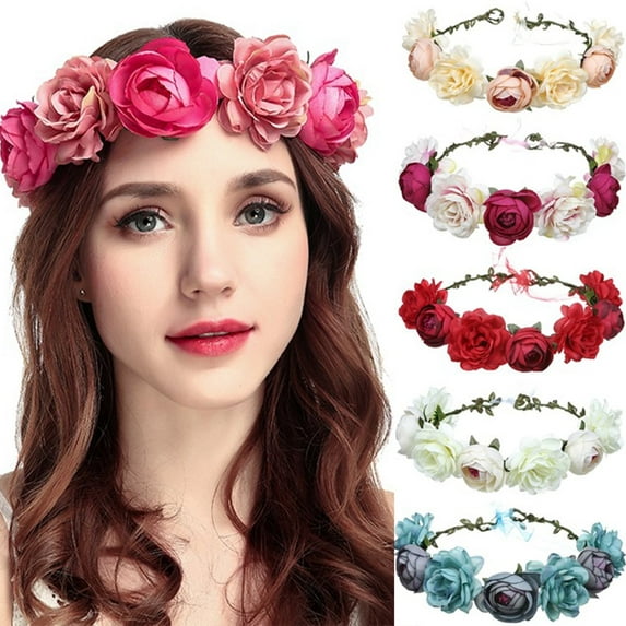 Vorkoi Women Rose Floral Crown Hair Wreath Leave Flower Headband with Adjustable Ribbon