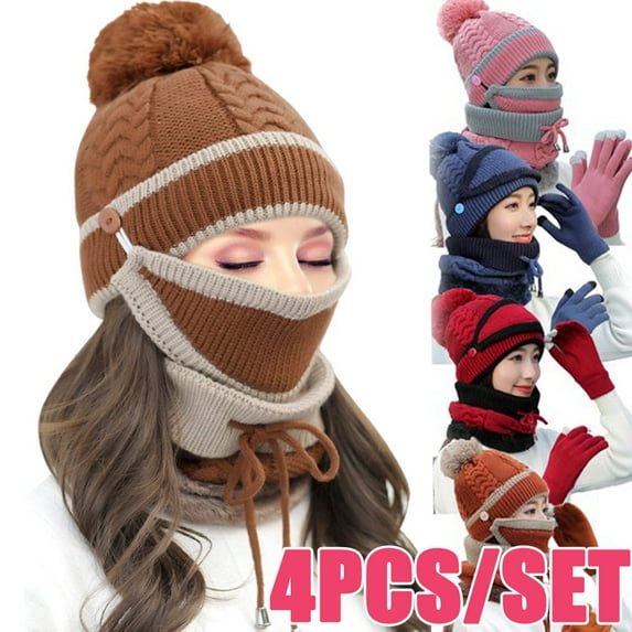 Vorkoi Women's Plush Lined Hat, Scarf & Glove Set, 4-Piece