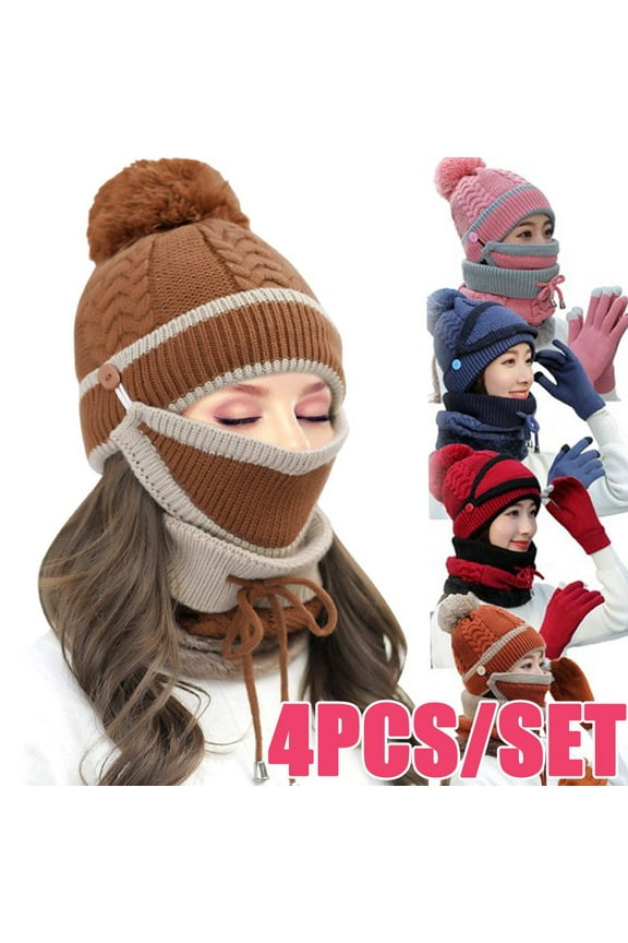 Women's Plush Pompom Hat, Scarf & Glove Set, Multi-Color, 4-Piece