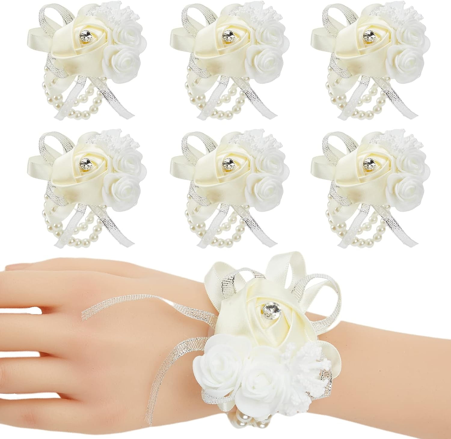 6 Pcs Ivory Rose Wrist Corsages – Silk Flower Corsages With Pearl Bracelets For Weddings & Prom 3 thumbnail image