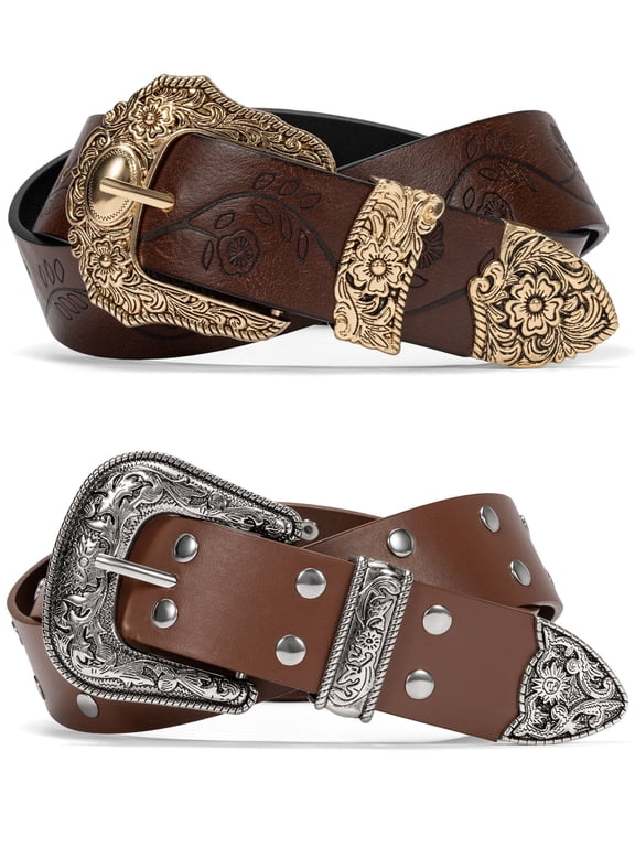 2 Pack Women Western Belt Embossed & Studded Belts for Jean Dress