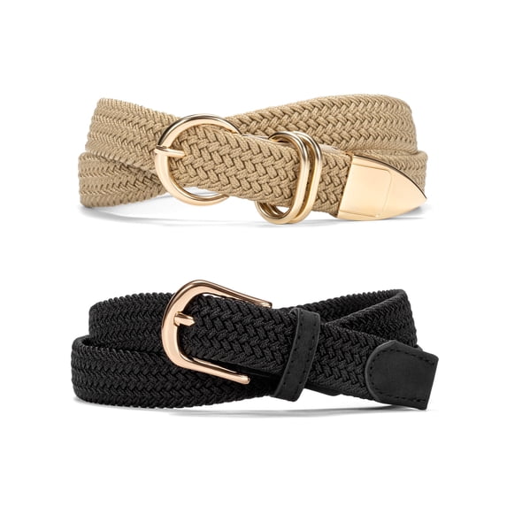 Vorliqent 2 Pack Women's Elastic Woven Belts with Gold Buckle Stretch Braided Waist Belt Breathable Comfortable Casual Belt