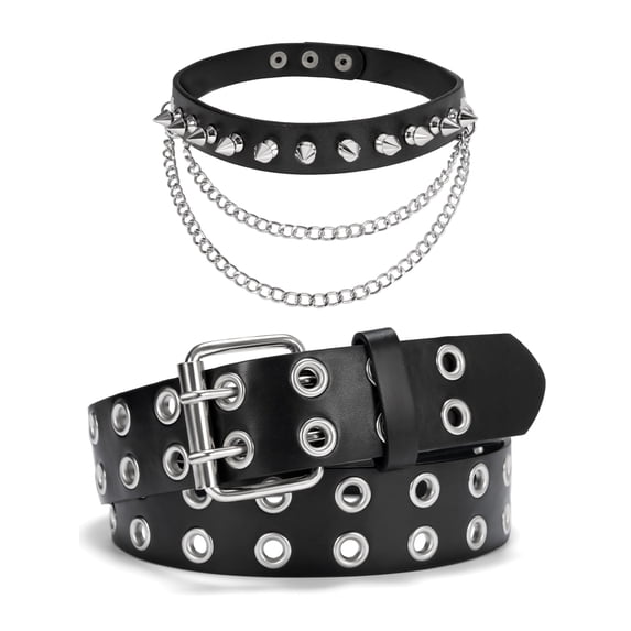 Vorliqent Belts for Women Studded Womens Belt Black Double Grommet Belt and Punk Choker Necklace Bundle