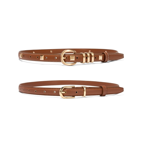 Vorliqent Women's Belt 2 Pack Classic & Studded Skinny Belts for Women Brown Belts for Dresses Pants Jeans