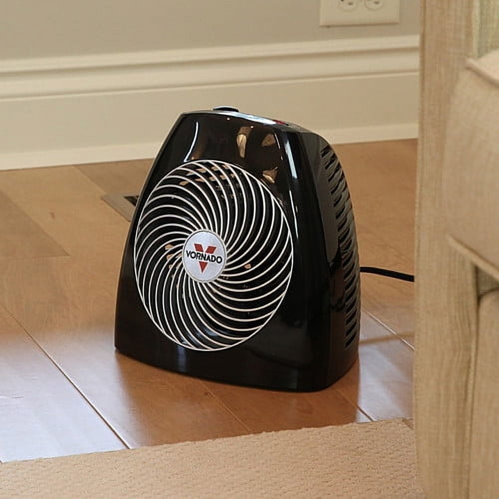 Compact Black Electric Utility Heater with Thermostat and Safety Features