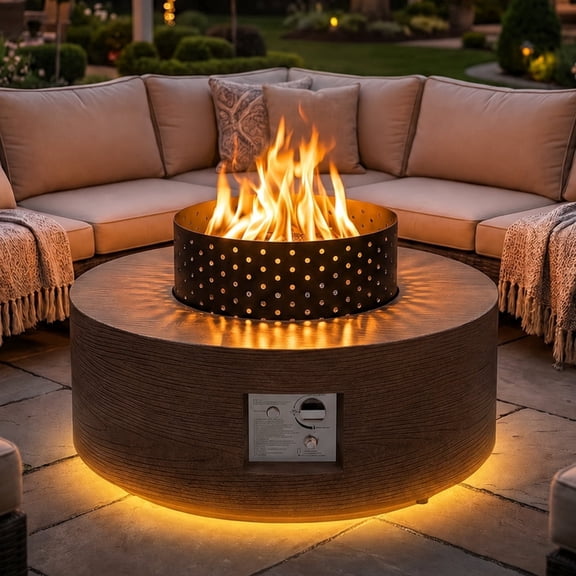 Vornel 30" 50,000 BTU Round Propane Fire Pit Table with Warm LED Light, Brown Wood Grain Outdoor Patio Gas Firepit