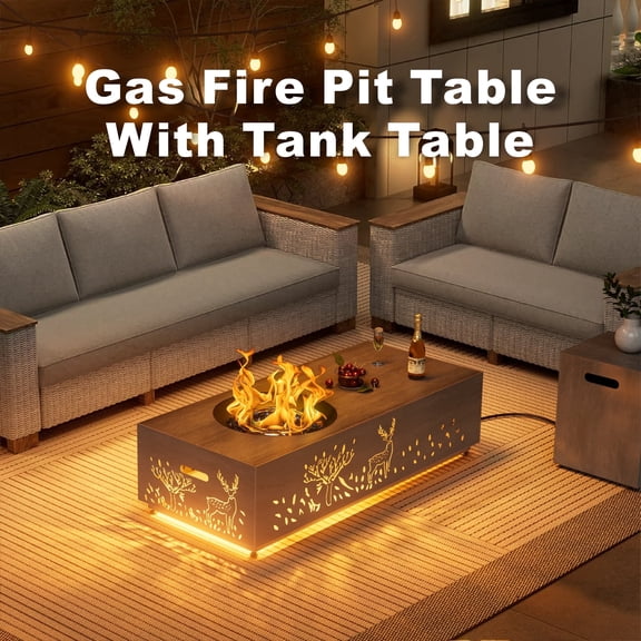 Vornel 42" Propane Fire Pit Table with LED Light - 50,000 BTU with Wind Guard (Light Brown/Deer Cutout)
