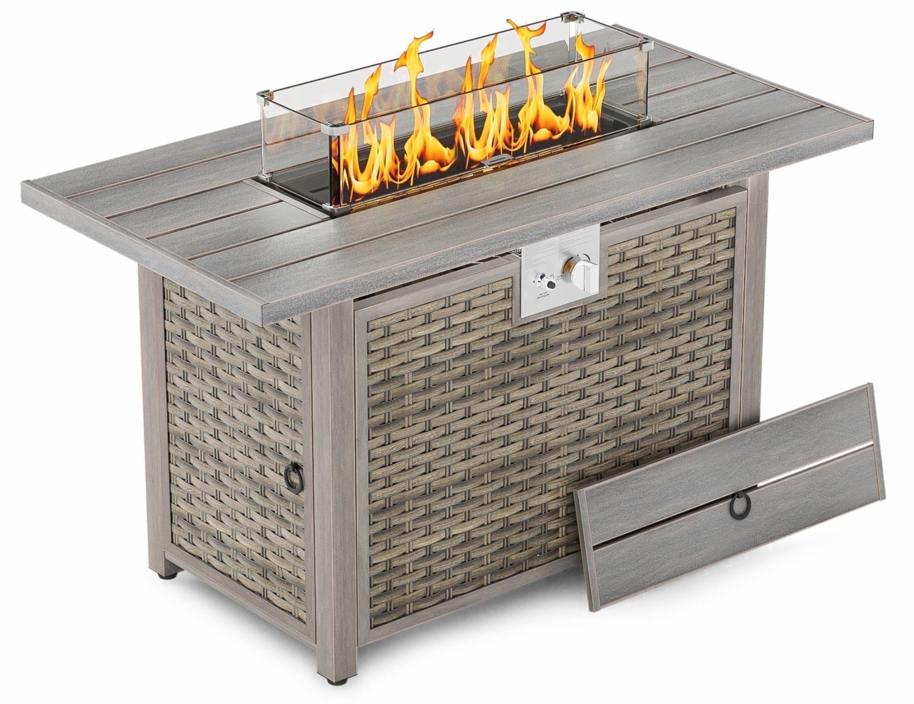 Vornel 43" Rectangular Propane Fire Pit Table for Outdoor Patio Poolside, 50,000 BTU 2-in-1 Gas Firepit with Lid, Rain Cover & Glass Stones, Fire Table for Backyard Deck Garden Family