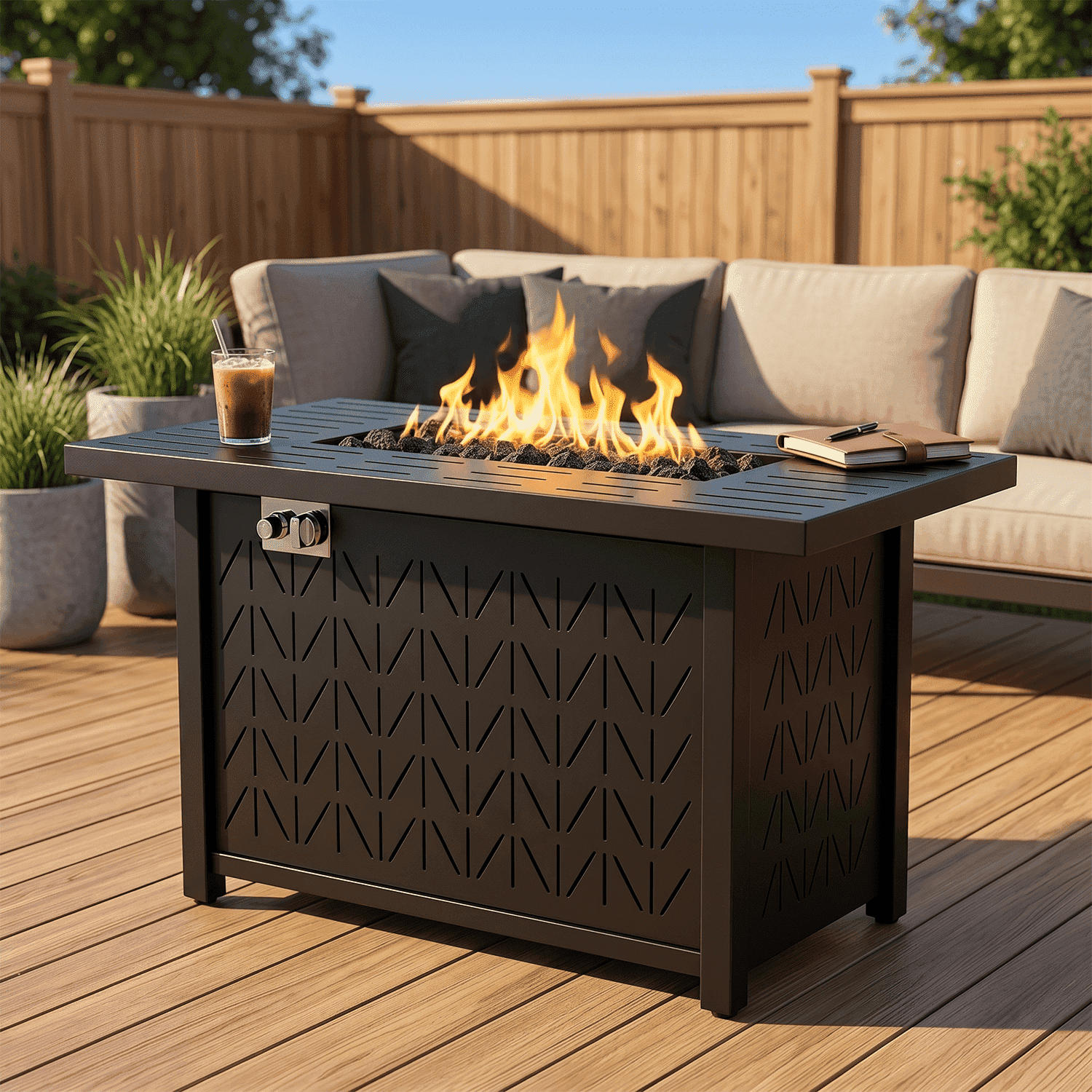 Vornel 43"Rectangular Propane Fire Pit Table,50000 BTU 2in1 Gas Firepit with Lid,Rain Cove,Glass Stones,Fire Table for Garden,Pool,Outdoor Party