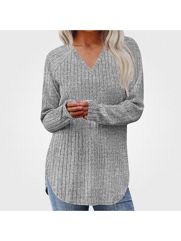Blouse for Womens Casual V-Neck Solid Raglan Hem Split Loose Long Sleeve Cotton Top Gray Size L