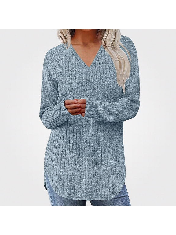 Blouse for Womens Casual V-Neck Solid Raglan Hem Split Loose Long Sleeve Cotton Top Light Blue Size S