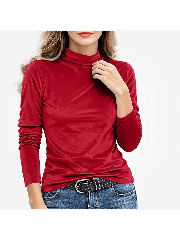 Blouses of Womens High Neck Soft Comfortable Polyester Golden Velvet Pleated Long Sleeve Tops Wine