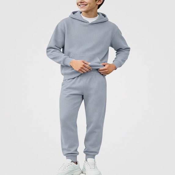 Vornjynx Boys 2 Piece Outfit (2-14) Fleece Lined Hooded Sweatshirt with and Leg Tied Sweatpants Set Sporty Gray