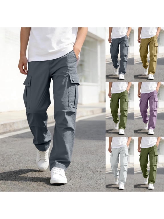Boys Cargo Pants Elastic Waist with Pocket Straight Fit Kids Casual Summer Sports Pants Dark Gray Size 10-12