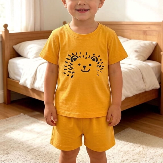 Vornjynx Boys Outfits 2 Piece Cartoon Print Cotton Tee and Soft Shorts Summer Comfort Casual Clothes Yellow Size 2T
