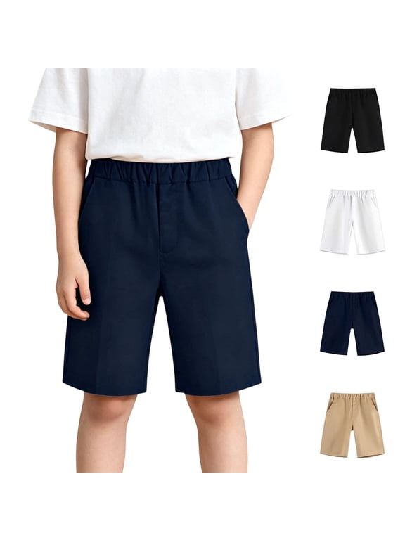 Boys School Uniform Shorts Elastic Waist with Pockets Stretchable Summer Bermuda Shorts Navy Size 5-6T