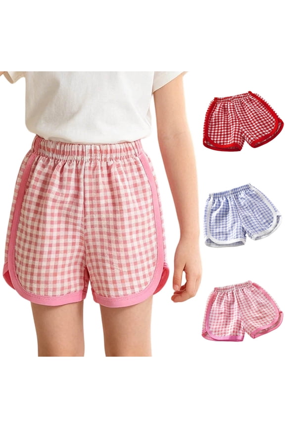 Casual Shorts for Girls Elastic Waist Cute Soft Plaid Print Trendy Summer Home Shorts Red Size 3-4T