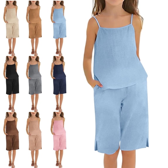 Vornjynx Girl Outfit Sets 2 Piece Cami Tank Tops and Shorts with Pockets Elastic Waist Comfort Soft Summer Casual Vacation Clothes Coffee Size 8