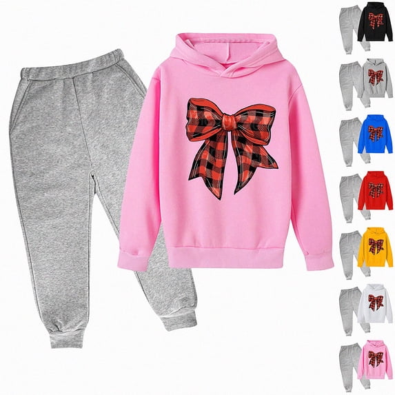 Vornjynx Girls 2 Piece Outfit (2-13) Hooded Sweatshirt with Christmas Print and Sweatpants Set Casual Clothing Set Pink