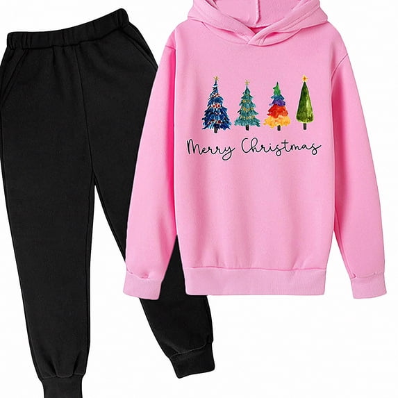 Vornjynx Girls 2 Piece Outfit (2-13) Hooded Sweatshirt with Christmas Tree Print and Sweatpants Set Casual Clothing Pink
