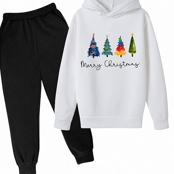 Vornjynx Girls 2 Piece Outfit (2-13) Hooded Sweatshirt with Christmas Tree Print and Sweatpants Set Casual Clothing White