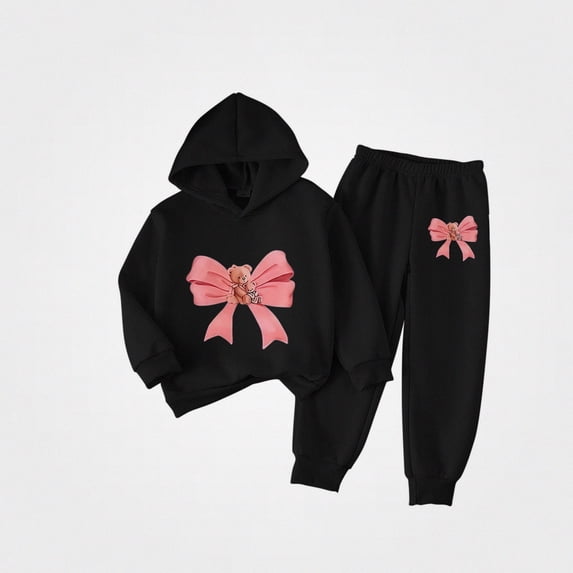 Vornjynx Girls 2 Piece Outfit(2-7)Hooded Sweatshirt with Bear and Butterfly Bow Print and Elastic Waist Jogger Pants Set Casual Clothing Set Black Size 4T