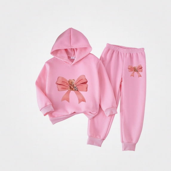 Vornjynx Girls 2 Piece Outfit(2-7)Hooded Sweatshirt with Bear and Butterfly Bow Print and Elastic Waist Jogger Pants Set Casual Clothing Set Pink Size 2T