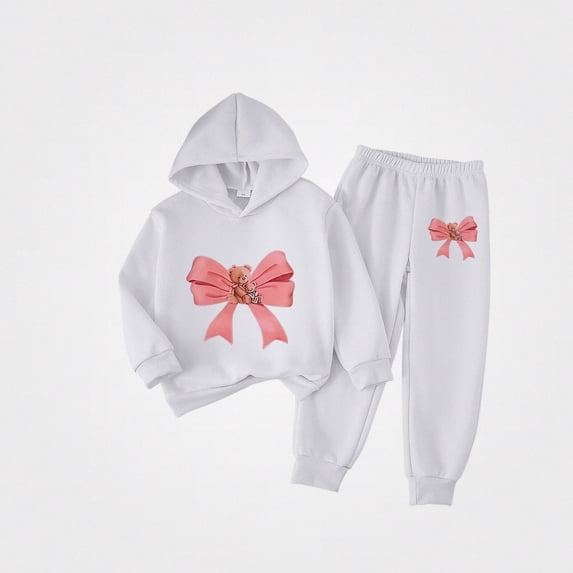 Vornjynx Girls 2 Piece Outfit(2-7)Hooded Sweatshirt with Bear and Butterfly Bow Print and Elastic Waist Jogger Pants Set Casual Clothing Set White Size 7