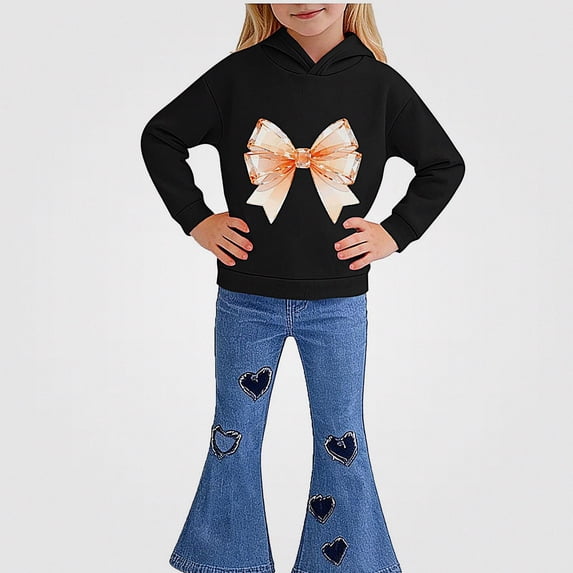 Vornjynx Girls 2 Piece Outfit(2-7)Hooded Sweatshirt with Butterfly Bow Print and Flared Pants Set Casual Clothing Set Black Size 7