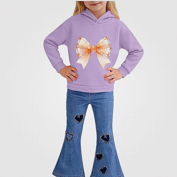Vornjynx Girls 2 Piece Outfit(2-7)Hooded Sweatshirt with Butterfly Bow Print and Flared Pants Set Casual Clothing Set Purple Size 2T