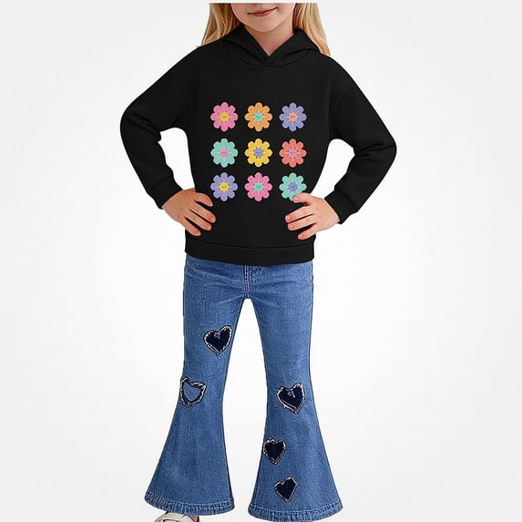 Vornjynx Girls 2 Piece Outfit(2-7)Hooded Sweatshirt with Heart and Floral Print and Flared Pants Set Casual Clothing Set Black Size 5T