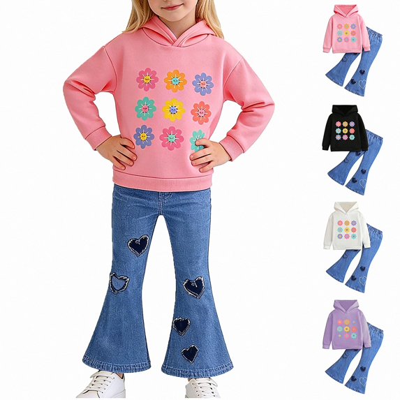 Vornjynx Girls 2 Piece Outfit(2-7)Hooded Sweatshirt with Heart and Floral Print and Flared Pants Set Casual Clothing Set Pink Size 5T