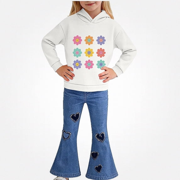 Vornjynx Girls 2 Piece Outfit(2-7)Hooded Sweatshirt with Heart and Floral Print and Flared Pants Set Casual Clothing Set White Size 7