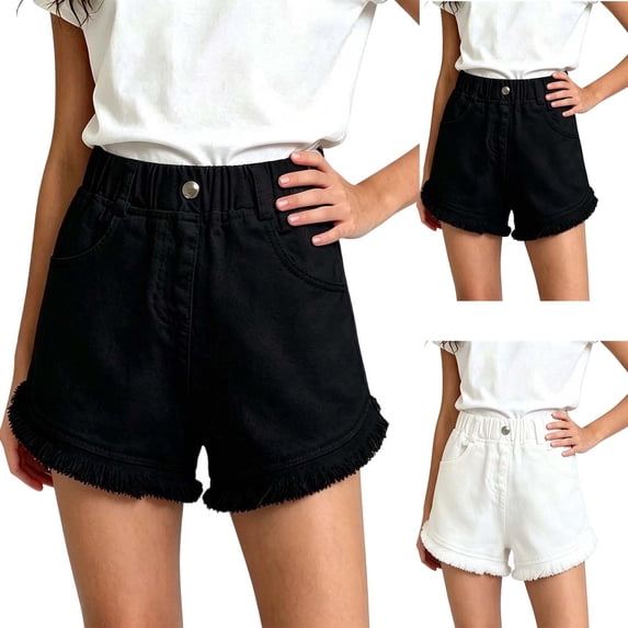 Vornjynx Girls Denim Shorts High Waist Frayed Hem with Pockets Casual Summer Fashion Shorts White Size 2-3