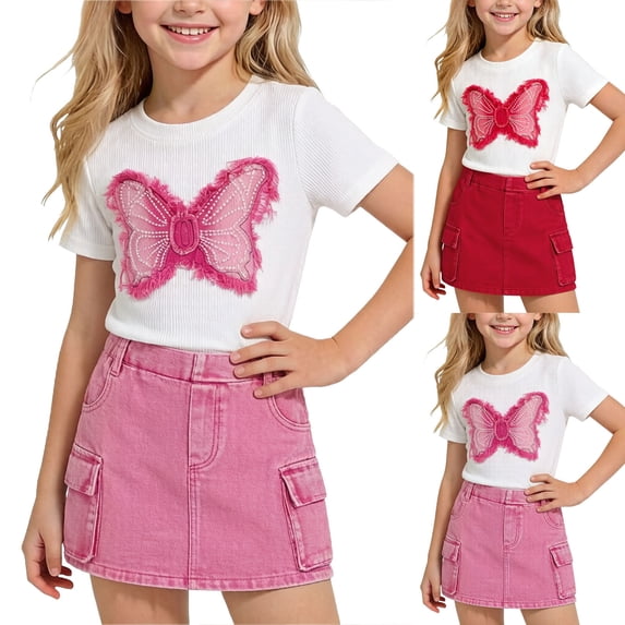 WAVSUF Girls Outfit Sets Crew Neck T-Shirt and Denim Skirts Trendy Butterfly Summer Casual Daily Clothes 2 Piece Hot Pink Size 7-8
