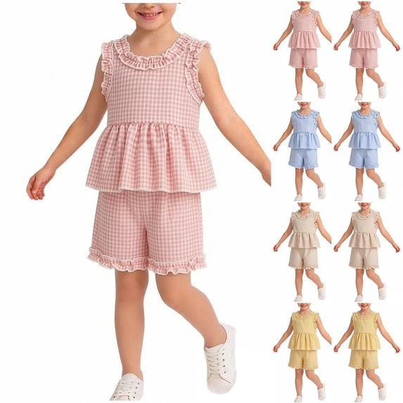 Vornjynx Girls Outfit Sets Ruffle Hem Cotton T-Shirt and Plaid Shorts Crew Neck Sleeveless Summer Casual Trendy Clothes 2 Piece Pink Size 13-14