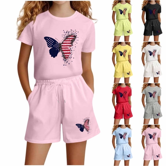 Vornjynx Girls Outfit Sets Short Sleeve Graphic T-Shirt and Elastic Waist Shorts 2-Piece Summer Casual Cute Clothes Pink Size 5-6T