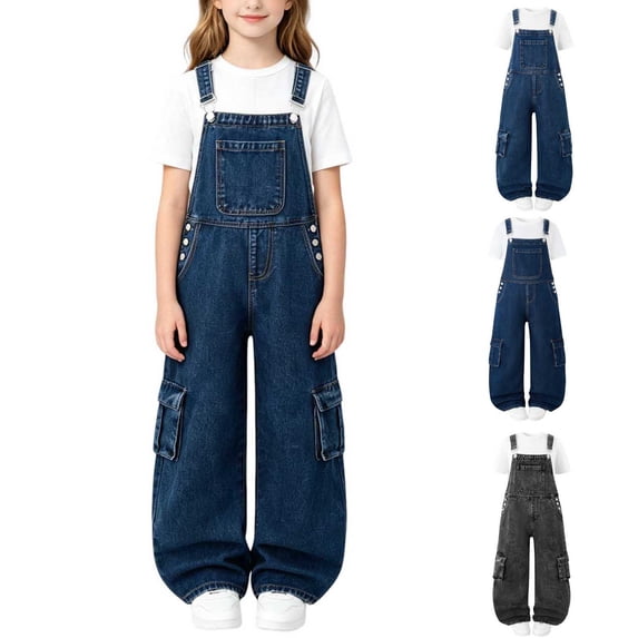 WAVSUF Kids Girls Denim Overalls Wide Leg with Pocket Adjustable Straps Summer Trendy Loose Jean Jumpsuits Light Blue Size 10