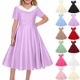 thumbnail image 1 of Vornjynx Kids Girls Dresses Button-Up Collar Short Sleeve A-Line Flare Party Princess Dress Wine Size 6, 1 of 7