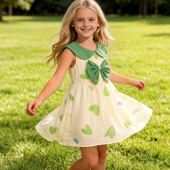 Vornjynx Kids Girls Dresses Sleeveless Crew Neck Hearts Print Summer Casual Cute Dress Green Size 1