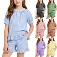thumbnail image 1 of Vornjynx Kids Girls Outfit Sets Puff Sleeve Tops and Ruffle Hem Shorts Plaid Print 2026 Summer Comfort Clothes 2 Piece Yellow Size 2-3T, 1 of 9