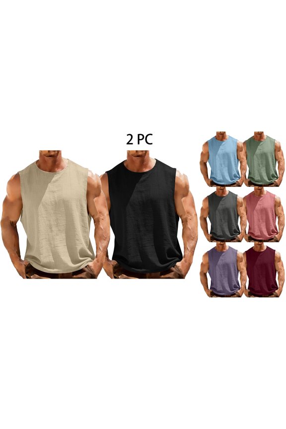 Men’s Linen Round Neck Tank Top 2 pc, Casual Sleeveless Breathable & Lightweight Pullover Tops Beige M