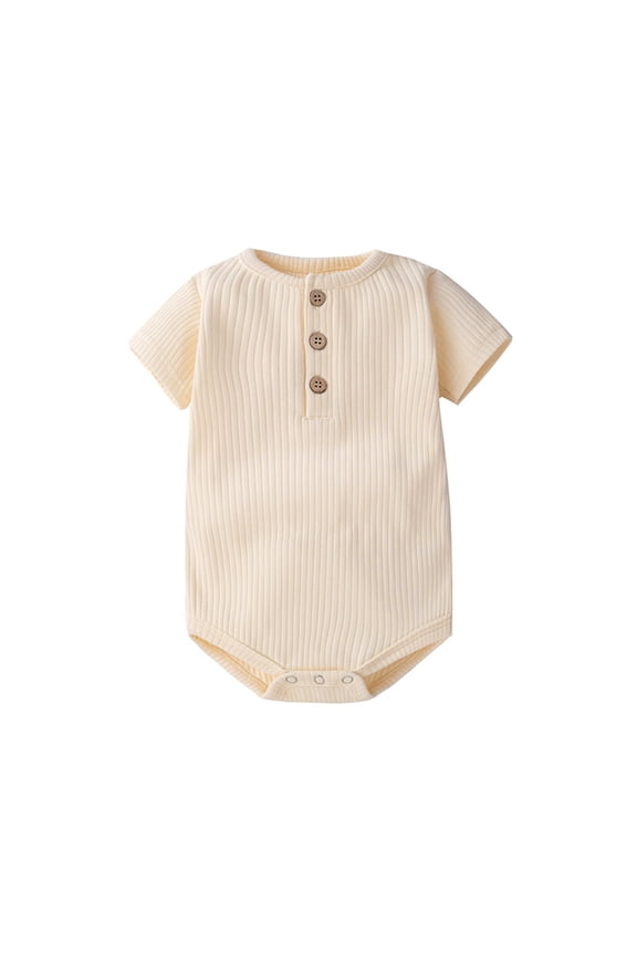 Newborn Baby Girls Button Up Bodysuit Short Sleeve Lightweight Stretchy Comfy Jumpsuit Beige Size 18-24M